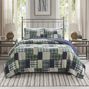 Patchwork Farmhouse Green/Navy Quilt Set, 3pc