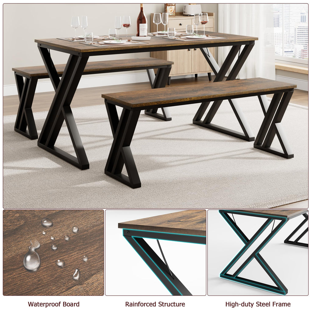 Dining Table Bench Set for 4, Kitchen Table Set with 2 Benches, Rectangular Dining Room Table Set with Sturdy Metal