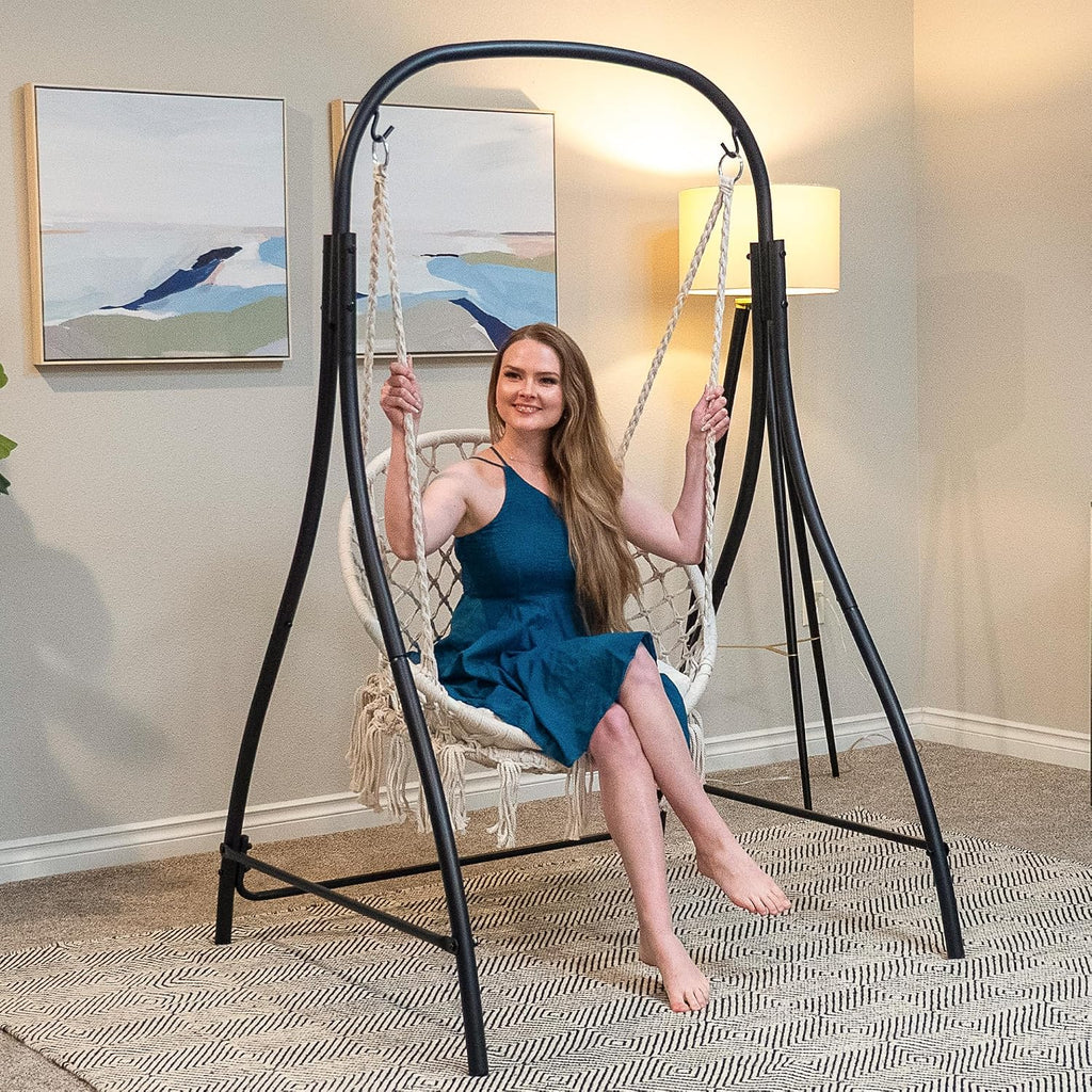 Indoor Hammock Swing Chair with Stand, Hanging Chair Outdoor with Stand, 400 lbs Capacity, Beige