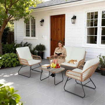 4 Pieces Outdoor Patio Furniture Set,Patio Conversation Set,Rattan Wicker Bistro Sets with Loveseat Chairs and