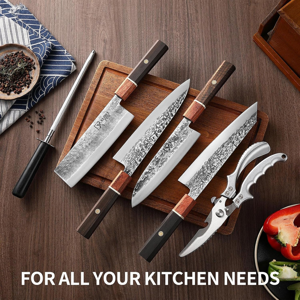 Japan Knife Set, High Carbon Steel Japan Nakiri Santoku Knife Set, Hand Forged Meat Cleaver Butcher Knife with