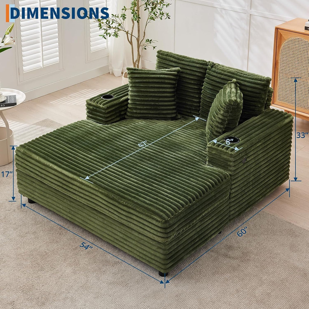 60" Oversized Chaise Lounge Chair Indoor, Comfy Corduroy Lounge Sofa with Charging Station, Upholstered Sofa Bed