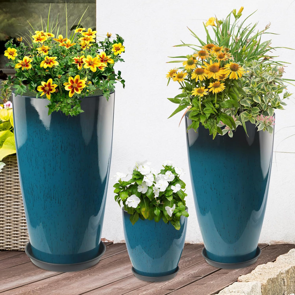 24-21-11 Inch Tall Planters for Outdoor Plants Set of 3 Blue | Tall Planters Blue Glossy Round Planter with Drainage
