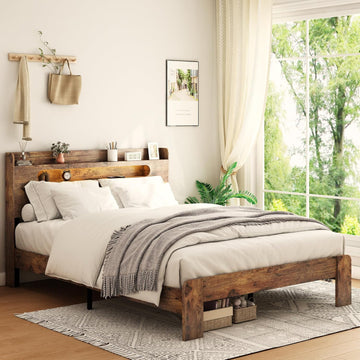 Wooden Queen Bed Frame with Storage Headboard, Farmhouse Platform Bedframe with Charging Station & Led Lights, Sturdy