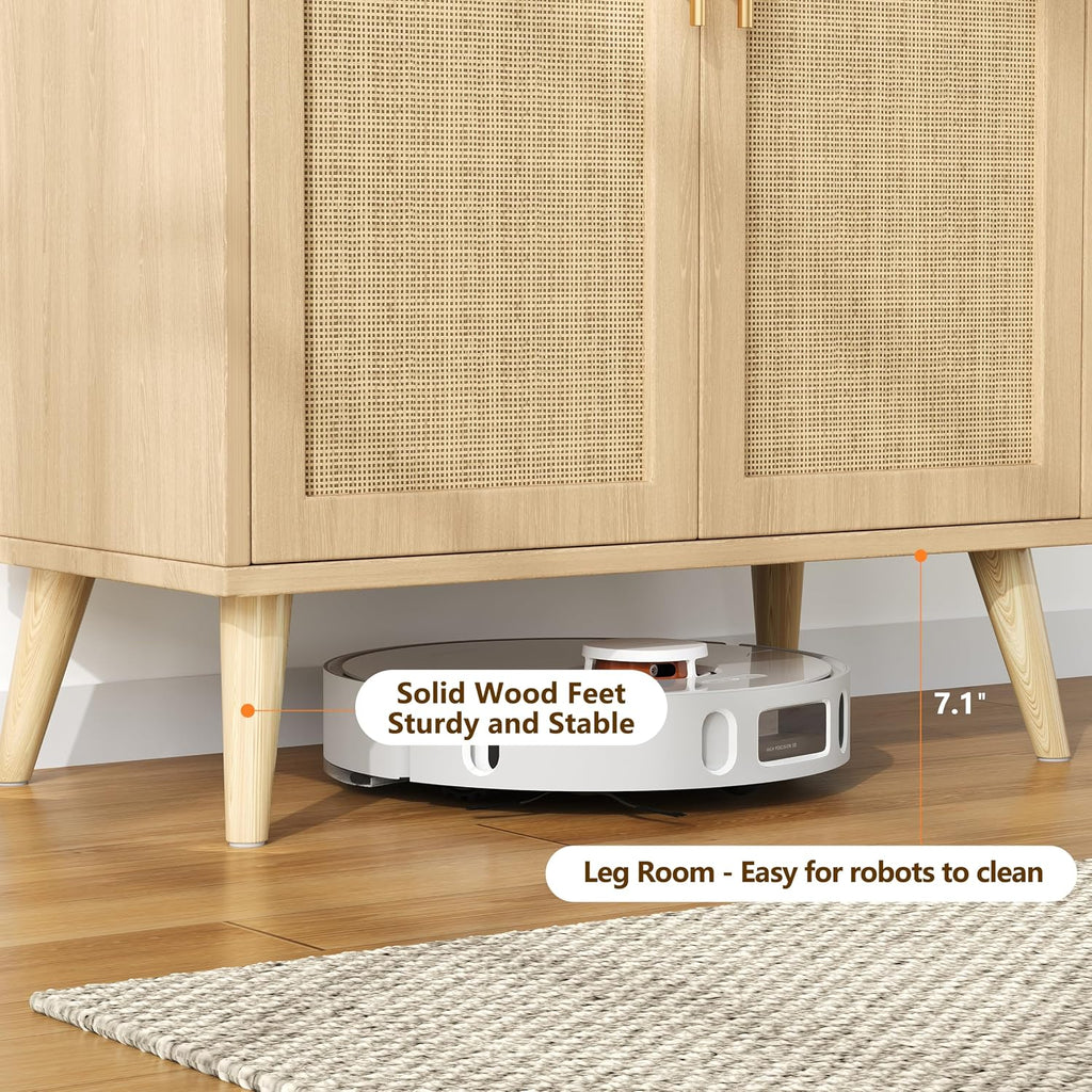 15.7" D Rattan Storage Cabinet with 2 Doors & Adjustable Shelf | Accent Buffet Sideboard Cabinet with Solid Wood