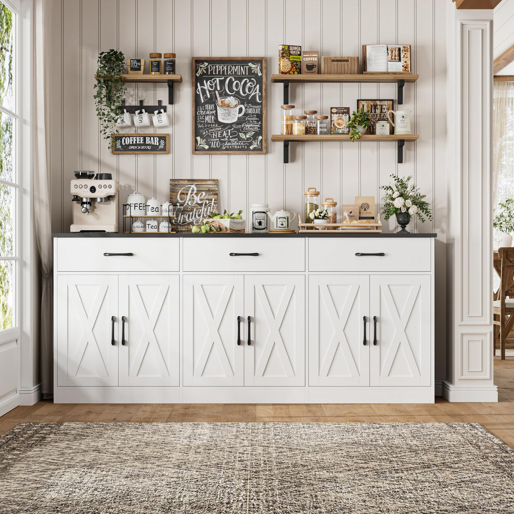 71" W Kitchen Sideboard Buffet Cabinet with Storage, White/Black