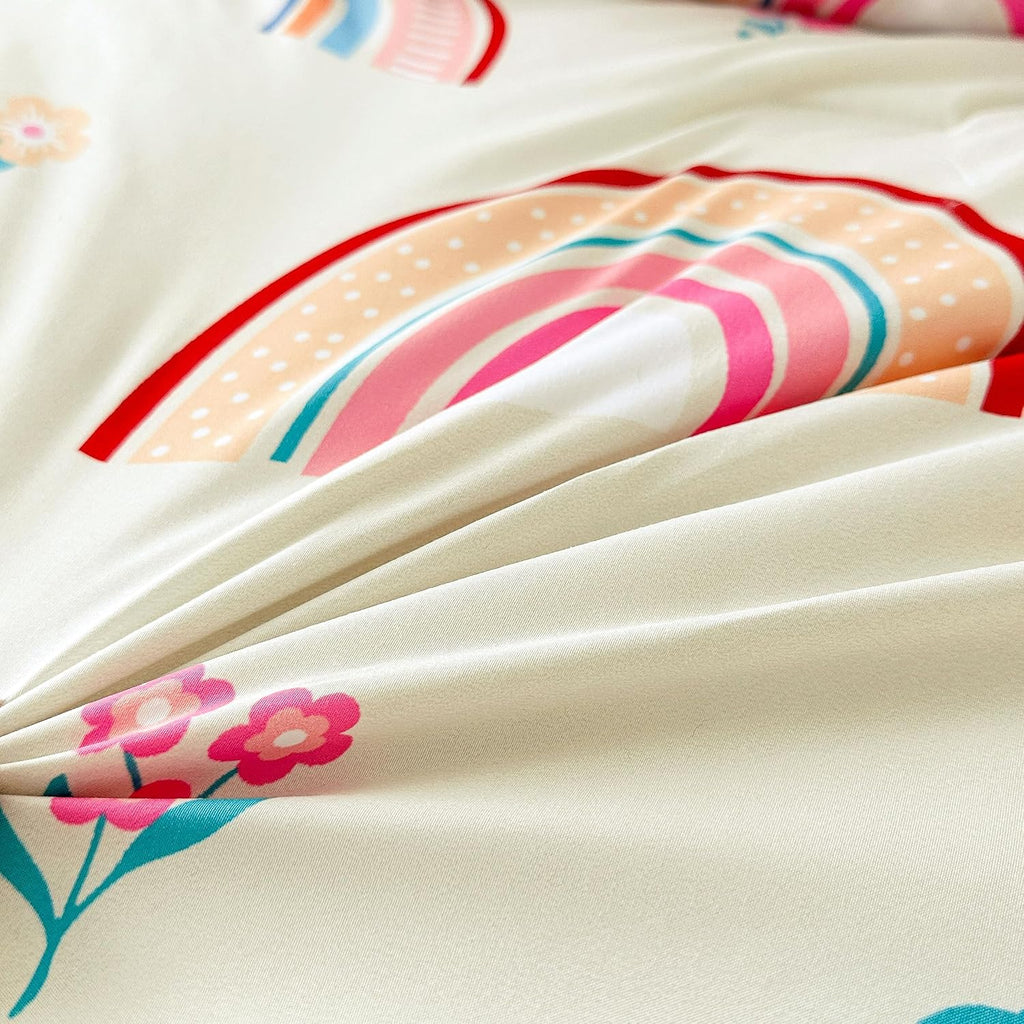 Lightweight Soft 3 Piece Rainbow Comforter Set with 2 Pillow Covers, Cartoon Love Hearts Flowers and Grass Bedding