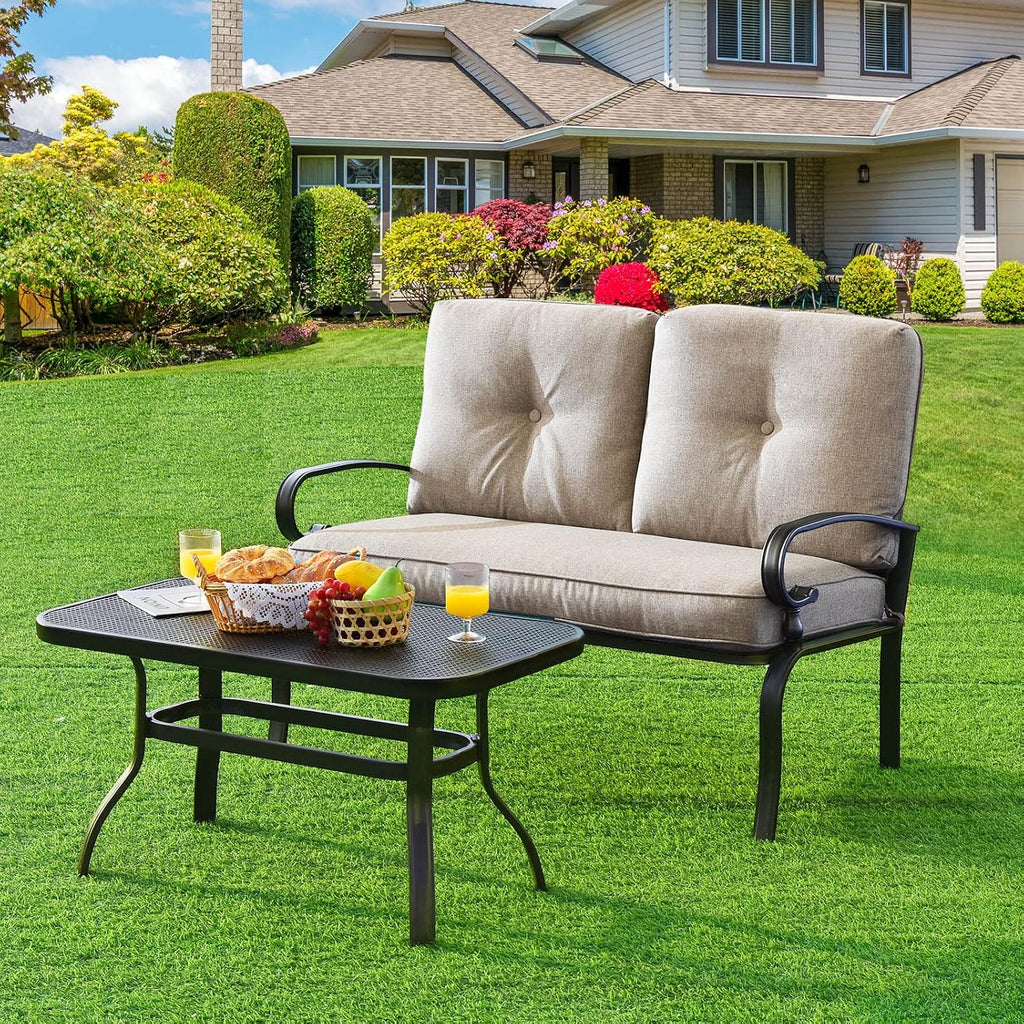Patio Loveseat with Coffee Table - 2-Piece Patio Conversation Sofa Set w/Backrest & Cushions, Modern Outdoor Glider