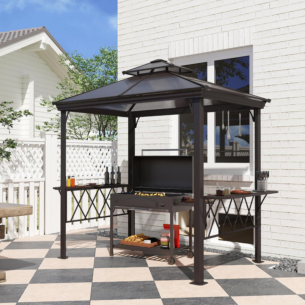 9 x 5 ft. Grill Gazebo, Hardtop BBQ Gazebo Canopy with 2-Tier Polycarbonate Roof, Shelves, Serving Tables