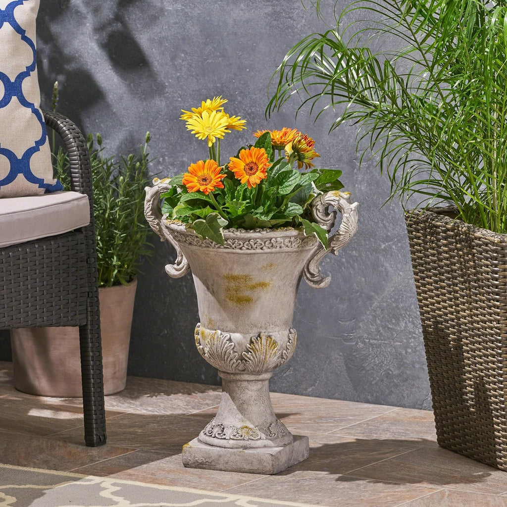 Jorine Patio Planter, Light Concrete Planter, Mid-Centry Gadern Urn, Floral Relif Design Plant Pot, Large Garden Pot