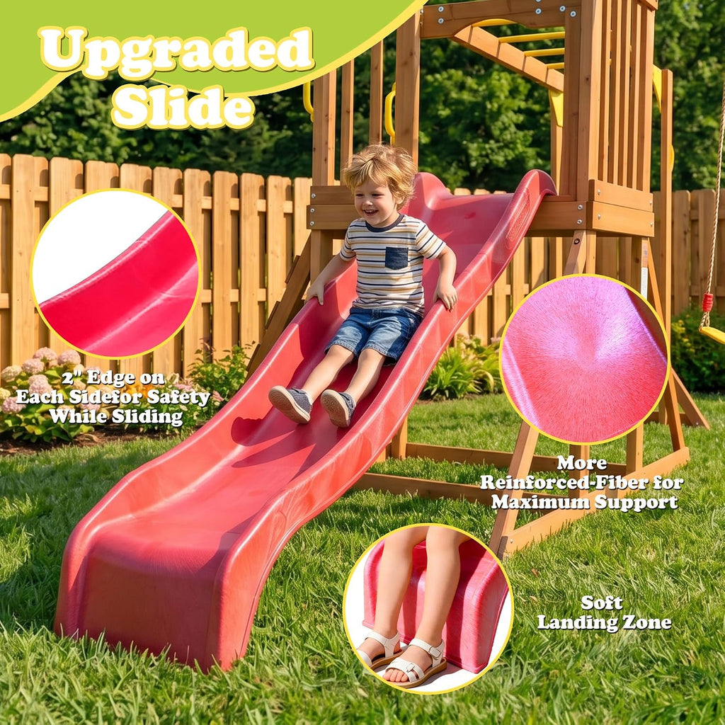 Wooden Playground Sets Backyards, for Ages 3-6 | Swing Set with Monkey bar, Outdoor Playset with Wave Slide, Rock