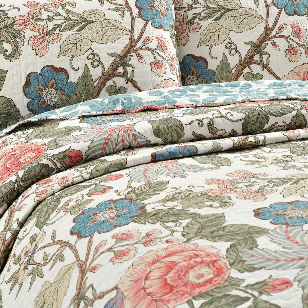 Reversible Cotton Quilt Set, 3 Piece Set, /, Green & Blue - Cotton Bedding Set - Blue Floral Quilt