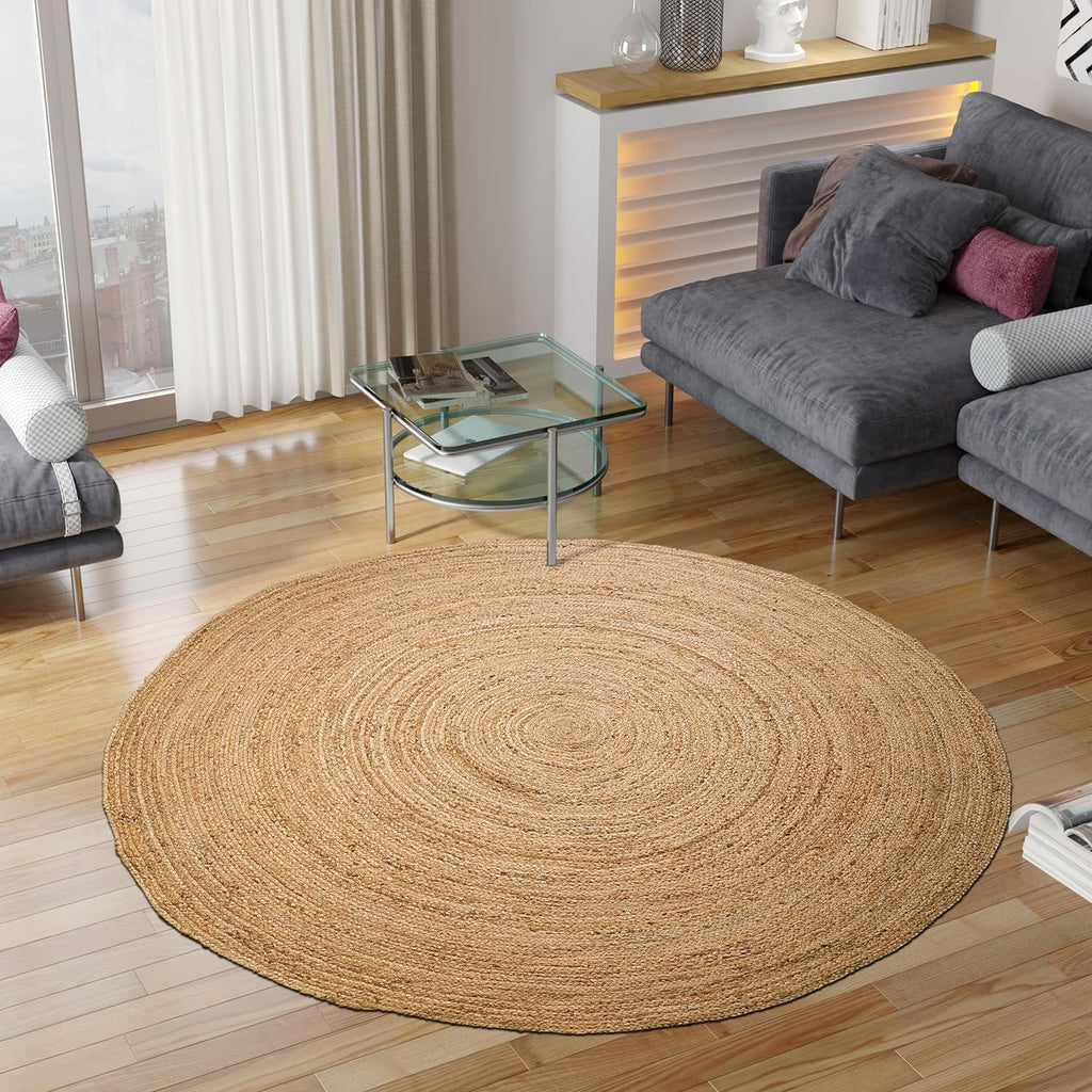 Hand Woven Jute Braided Rug, 6’ Round - Natural, Reversible Boho Entry Area Rugs for Kitchen, Living