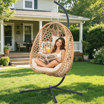 Hanging Egg Chair with Stand,All-Weather Rattan,330LBS Cap,Burlywood | Swing Chair with stand & thick cushions,330lb