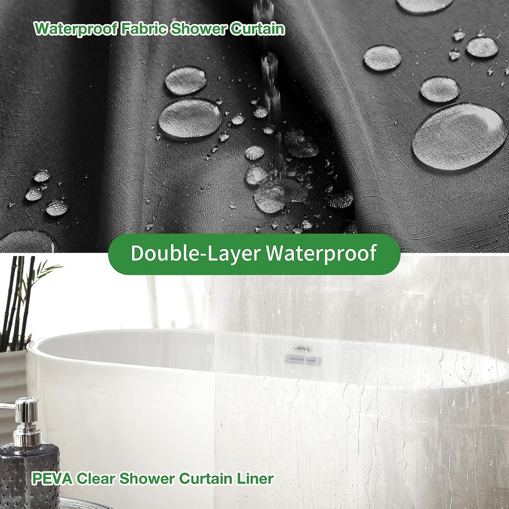 3 in 1 Shower Curtain Set, Black Shower Curtain and Liner Set with 12 Double Sided Shower Curtain Hooks, Cloth Shower
