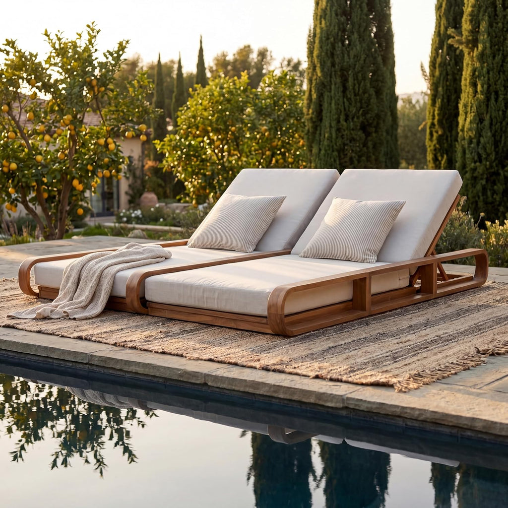 Double Chaise Lounge Chair Outdoor with 4-Position Adjustable Backrest for Each Seat & 3-Fold Cushions, Acacia Wood