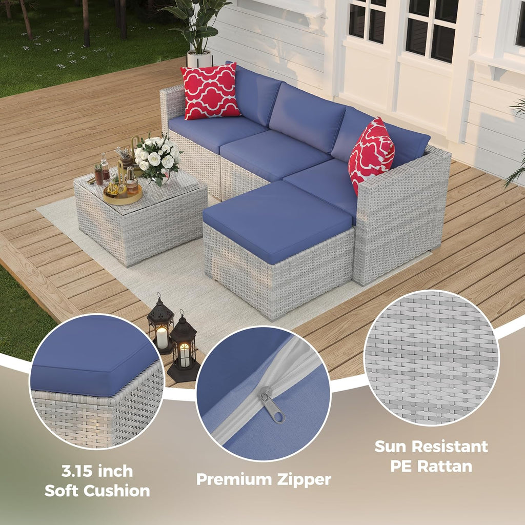5 Piece Patio Furniture Set, Rattan Sectional Sofa with Glass Storage Table | Rust-Resistant Steel Frame,PE