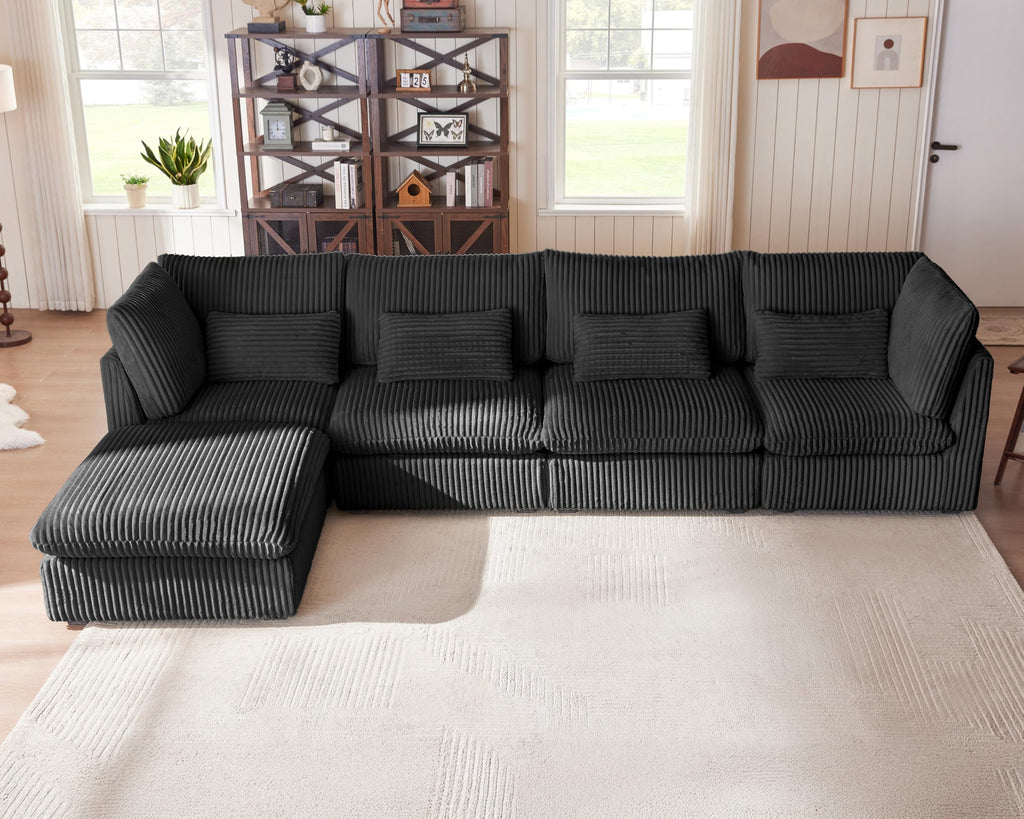 154" Oversize Corduroy Modular Sectional Sofa Couches, Black