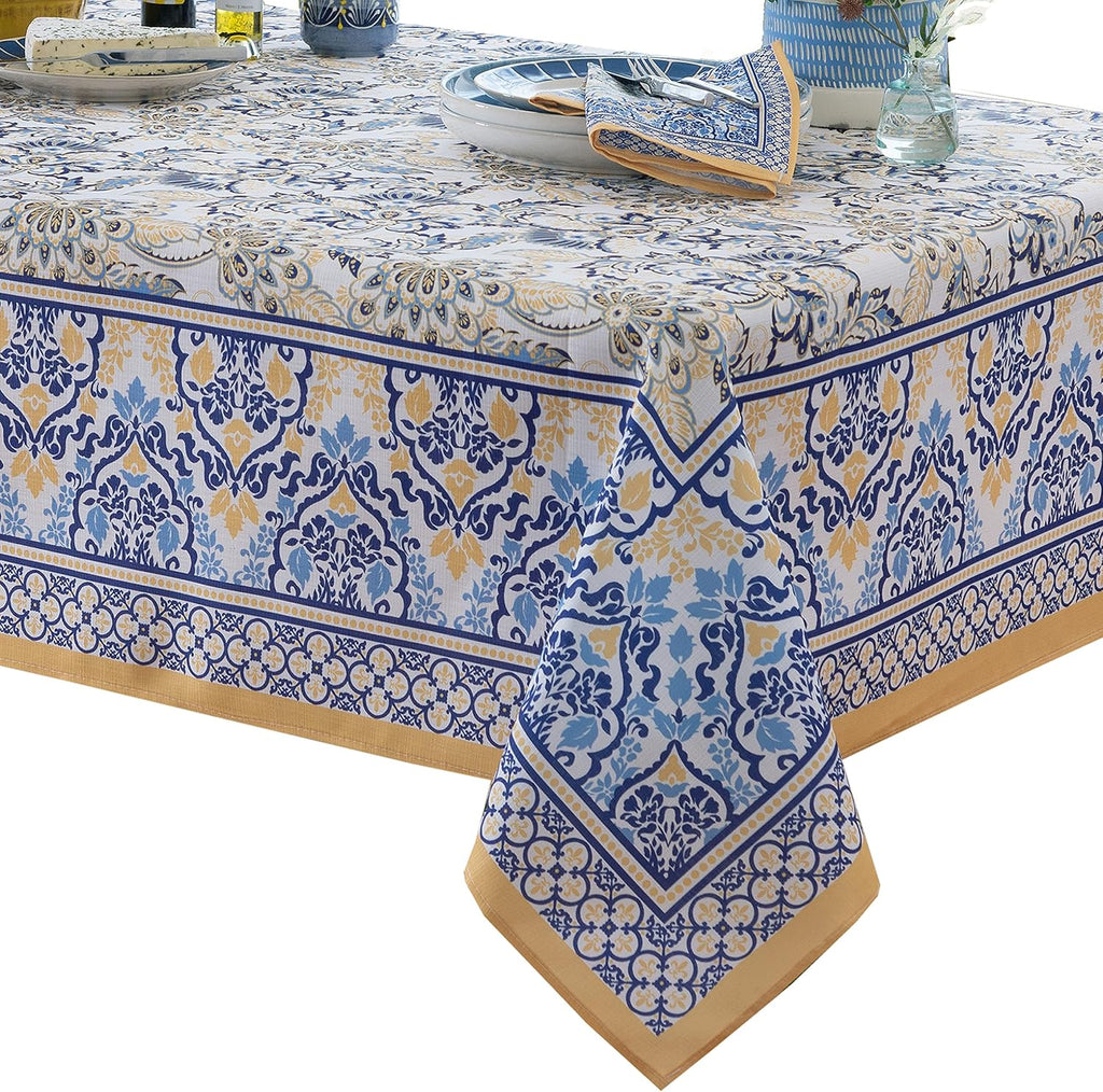 Rectangle Fabric Tablecloth, 60 x 84 Inch, Allure Yellow and Blue Floral Bordered Print, Indoor Outd