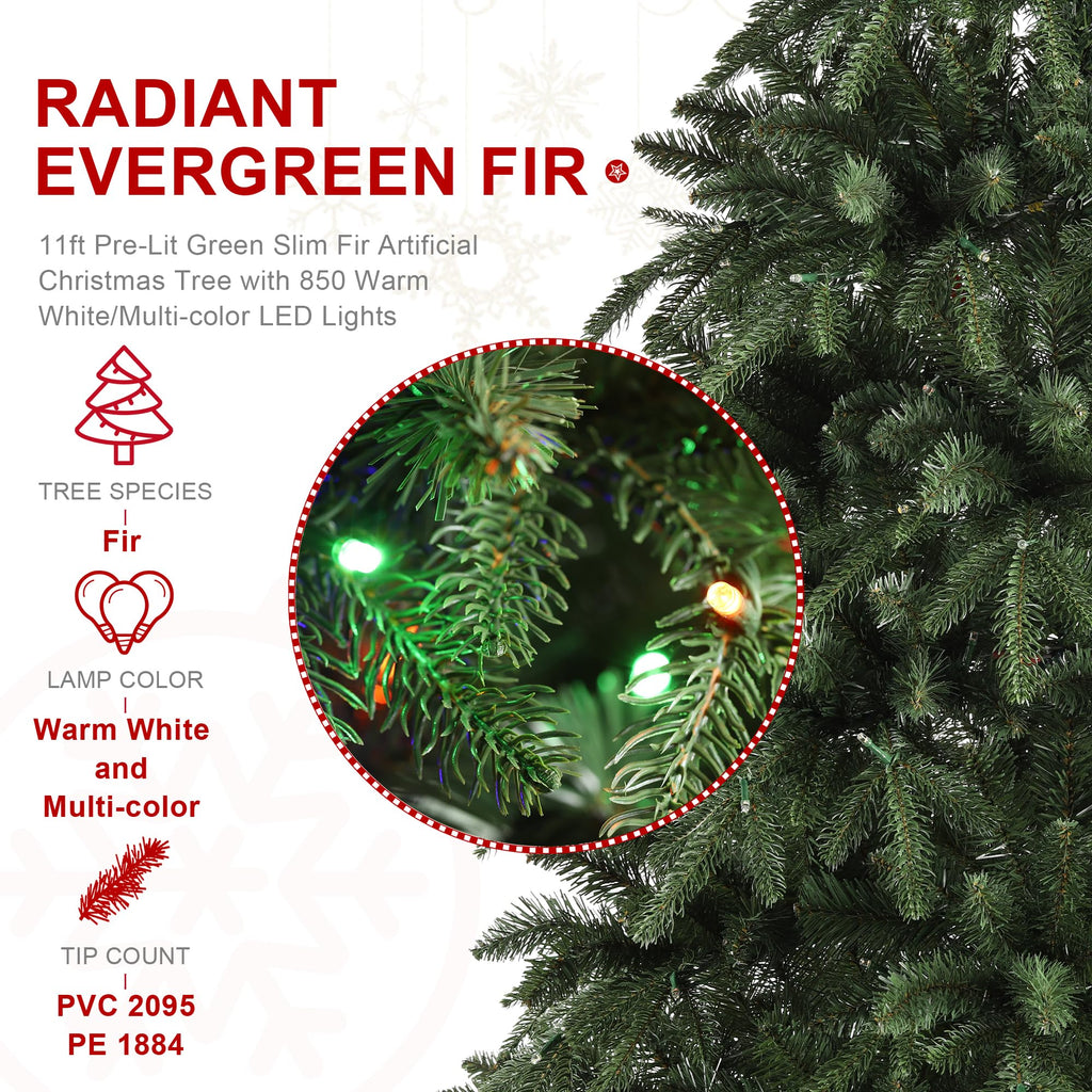 11ft Pre-Lit Christmas Tree, Hinged Slim Artificial Xmas Tree, Radiant Evergreen Fir with 850 Warm White/Multi-Color