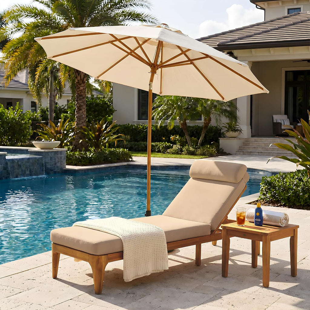 Acacia Wood Chaise Lounge Chair with Adjustable Backrest & Head Pillow, Outdoor Patio Sunbathing Lounger Backyard