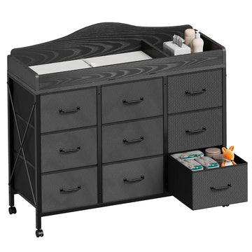 Baby Changing Table, 9 Fabric Boxes, Waterproof Pad, Mobile Nursery, Black | Baby Changing Table,Waterproof Diaper