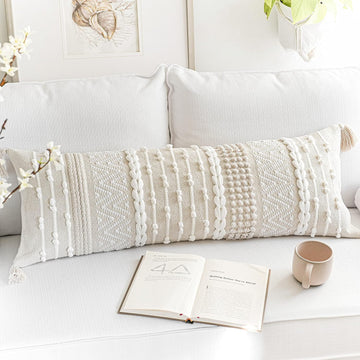 Cream Decorative Lumbar Throw Pillow Cover 14x36 Boho Long Cushion