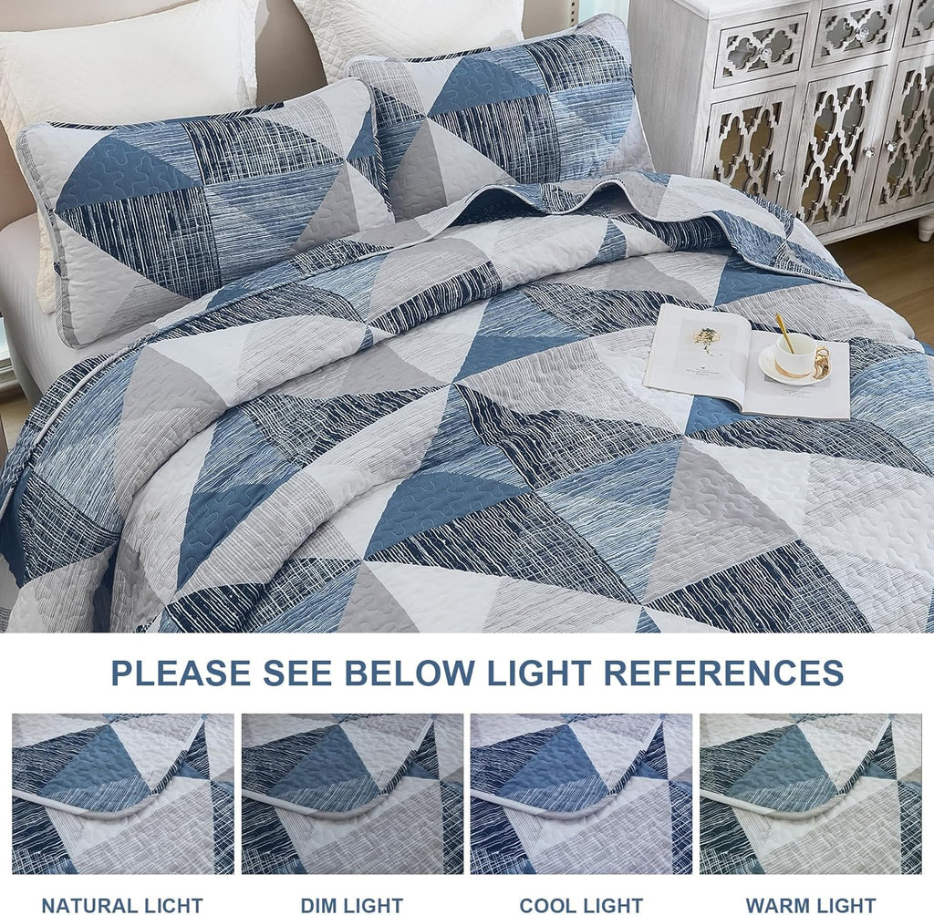Quilt Queen Blue, 3 Pieces Patchwork Bedspread Bedding for Queen Bed, Soft Lightweight Microfiber Geometric Coverlet