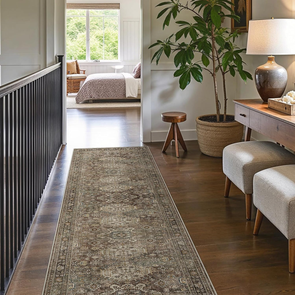 Washable Runner Rug 2’6”x8’, Non Slip Vintage Hallway Runner, Ultra Thin Low Pile Washable Carpet fo