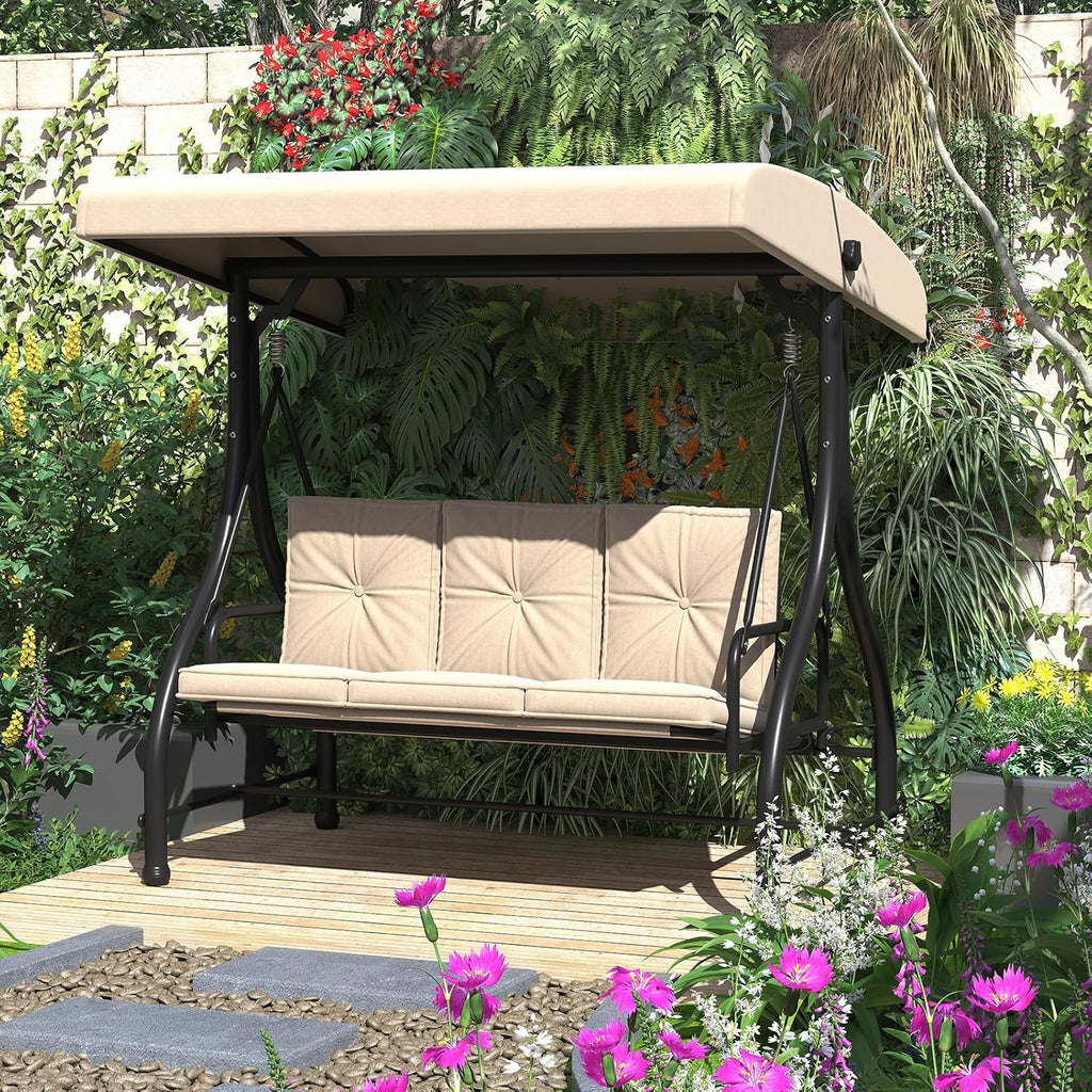 Porch Swing Chair with Adjustable Backrest&Canopy, 3 Seat Patio Swing with Canopy 2-in-1 Convertible Outdoor Swing