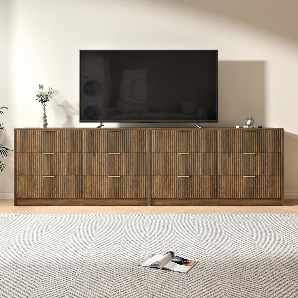Walnut Dresser Set of 2, Long Dresser Wooden with 12 Drawers, Fluted Modern Bedroom Furniture Set, TV Stand Dressers
