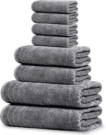 8 Piece Towel Set, 2 XL Bath, 2 Hand, 4 Washcloth, Dark Grey | 100% Cotton, Lighter Weight, Quicker to Dry, Super
