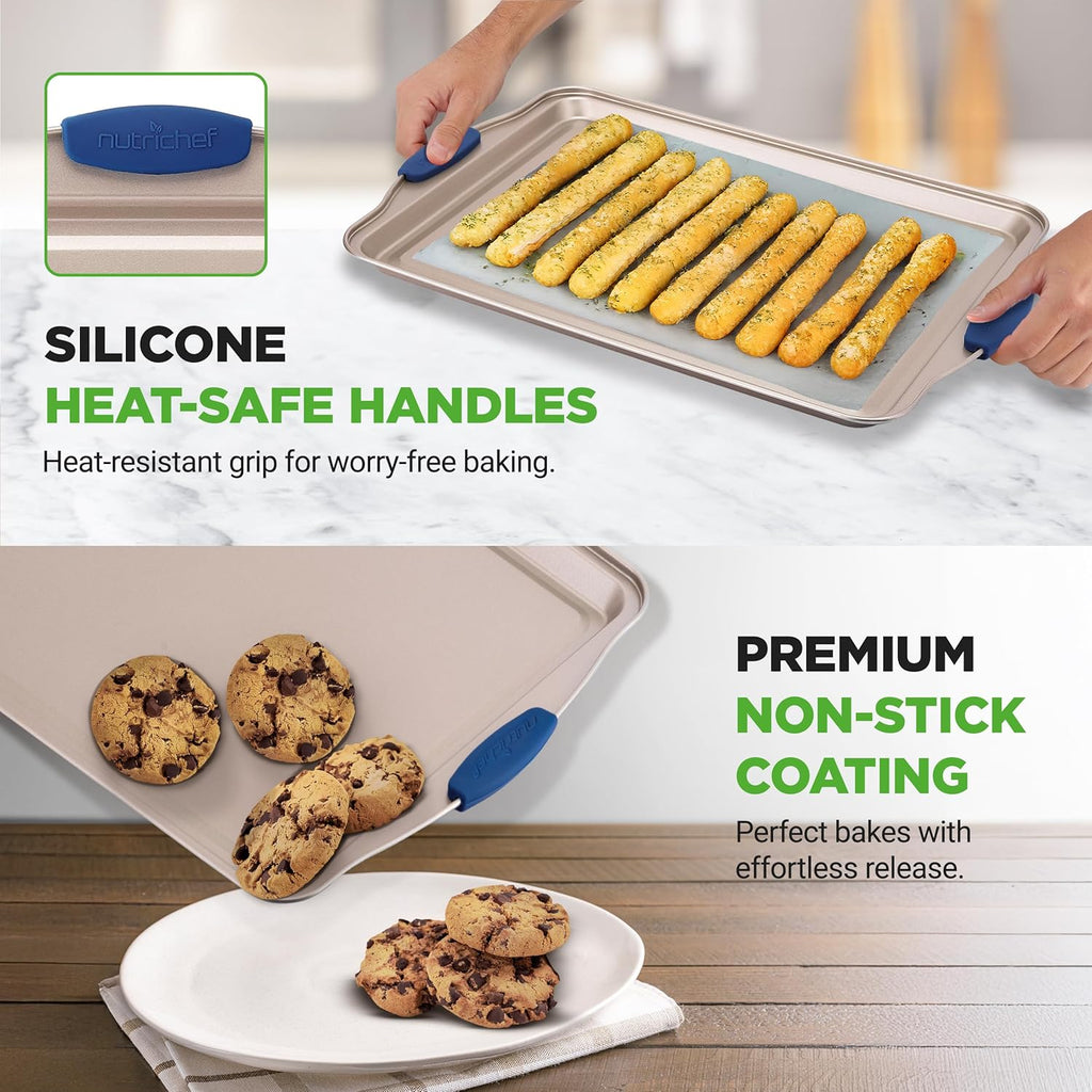 Kitchen Oven Pans - Deluxe Nonstick Gold Coating Inside & Outside Carbon Steel Bakeware Set With Blue Silicone