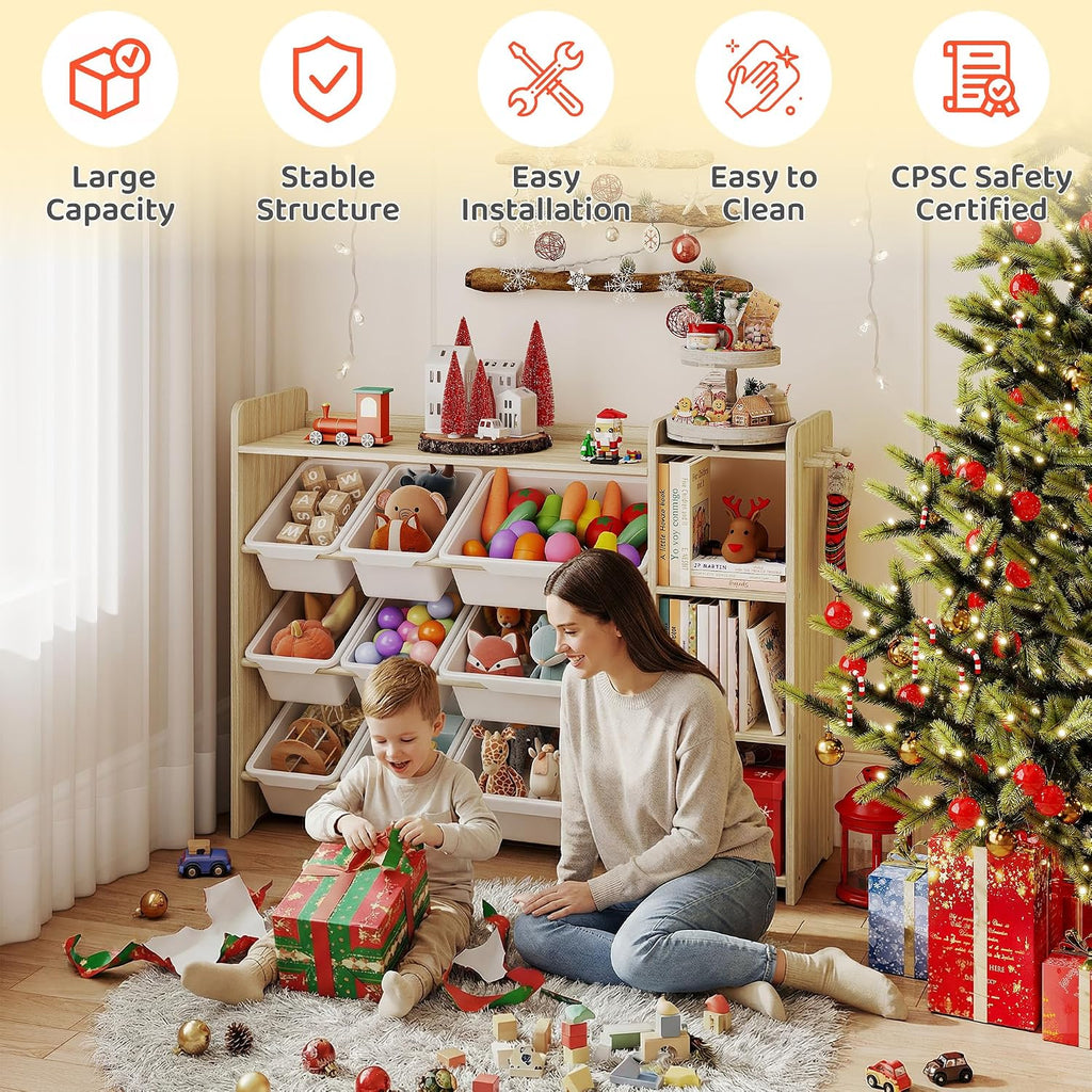 Toy Storage Organizer with Bookshelf, Kids Toy Storage and Organizers with 3 Shelves/9 Bins/3 Hooks, Bin Shelf, Toy