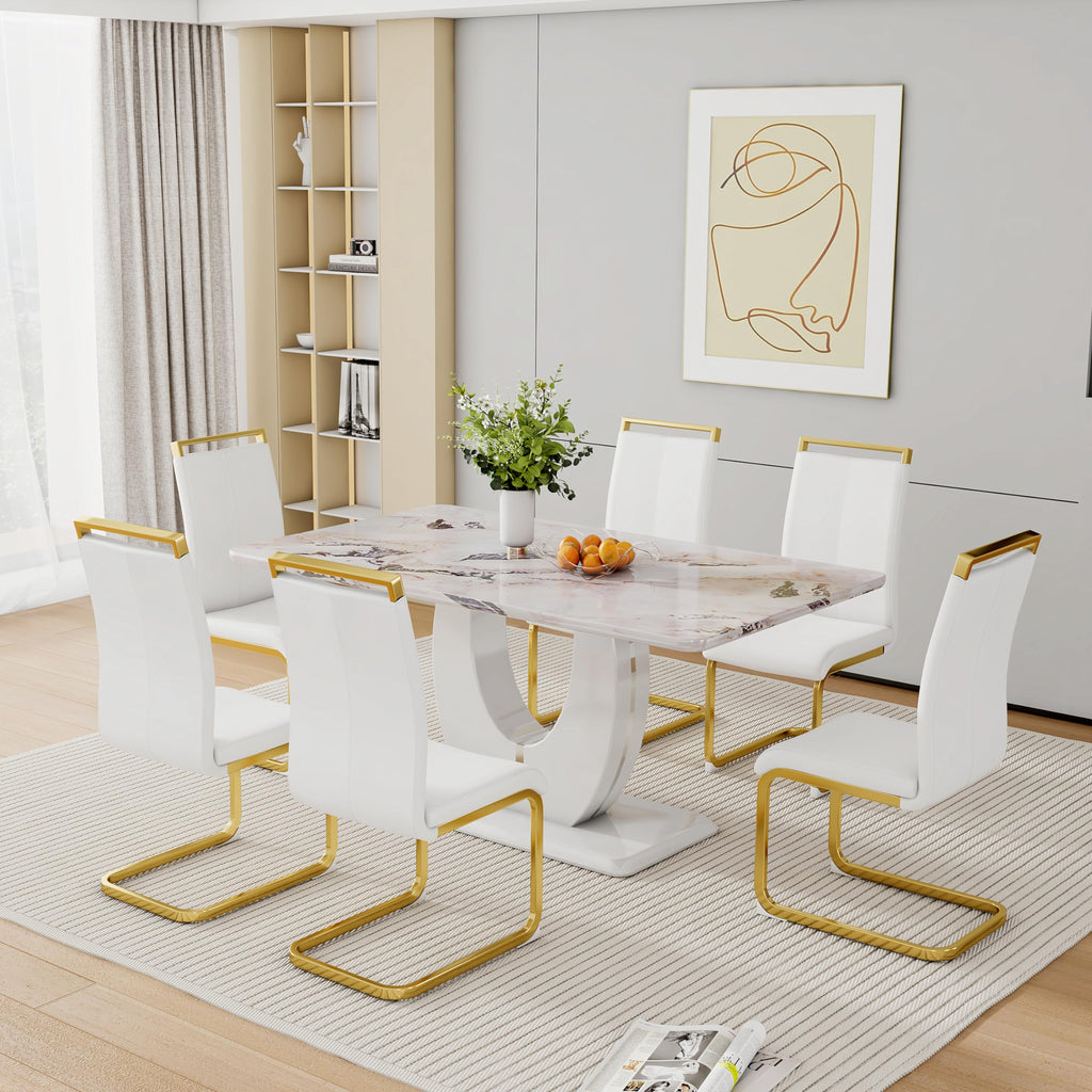 63" Faux Marble Dining Table, Modern Rectangular Kitchen Table with 1.65'' Thick MDF Tabletop, Rounded Corners