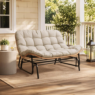 Outdoor Glider Bench 2-Person Rattan Patio Glider with Soft Cushion(Beige) | All-Weather Boho Rattan Patio Furniture