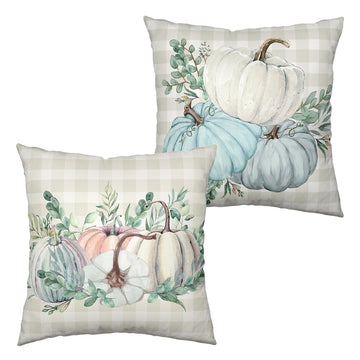 Fall Thanksgiving Pillow Covers 18x18 Set of 2 Watercolor Blue Pink Pumpkin Throw Pillow Covers Grey Plaid Autumn