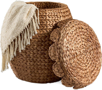 Scalloped Multipurpose Hyacinth Storage Basket, Plant Décor, Handwoven Organizer Tote , Nursey, w/Lid - Chestnut