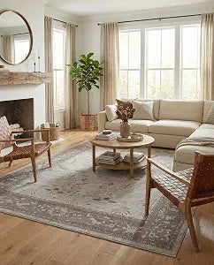 Miranda Collection Rug - 10' x 13' 1 Light Gray Easy-Clean Area Rug - Vintage Floral Design for Living Rooms, Large