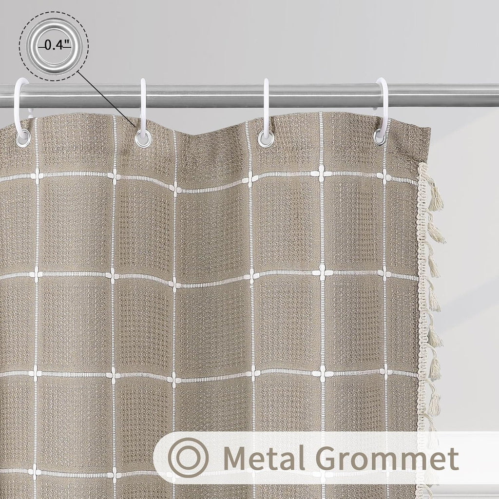 Taupe Boho Farmhouse Shower Curtain with Tassels, Rustic Bohemian Modern Bathroom Decor Heavy Thick Textured Fabric