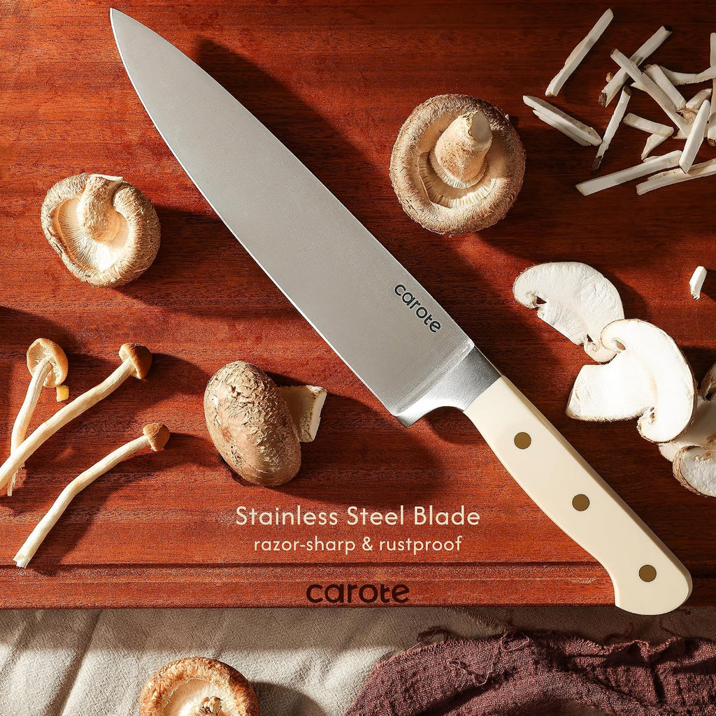 11-Piece Kitchen Knife Set with Magnetic Wood Block, Beige | Razor-Sharp Stainless Steel Knives, Long-Lasting
