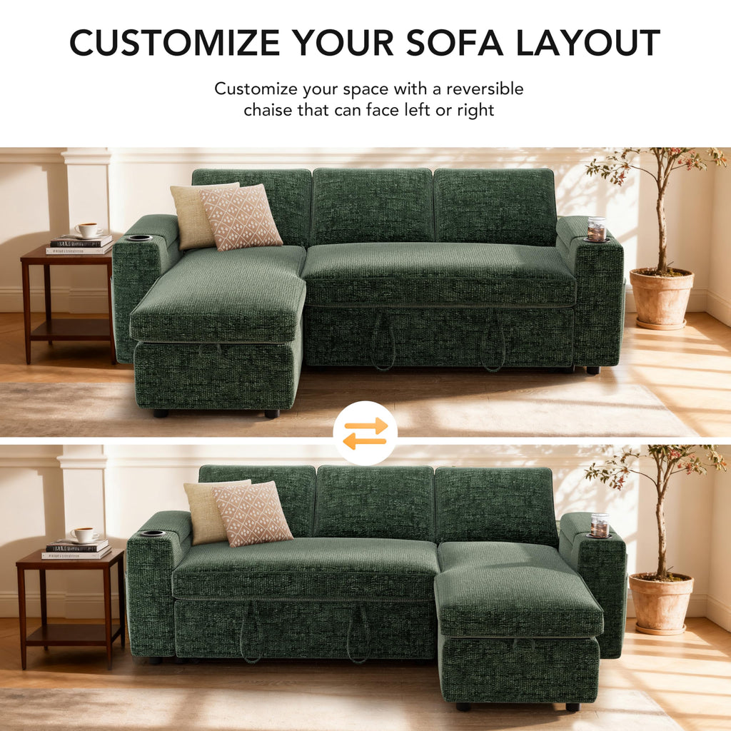 82" L-Shaped Sleeper Sofa with Pull Out Bed, Sectional Couch with Reclining Backrest, Reversible Storage Chaise