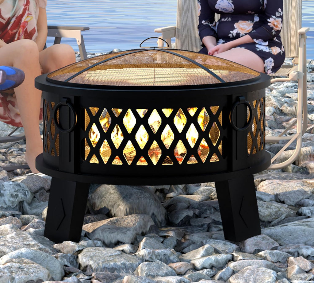 26" Steel Fire Pit with Grill & Diamond Mesh Design,360° Airflow Tech for 80% Less Smoke,XL Flames,Heavy-Duty Portable Outdoor Fire Bowl for Camping - Image 8