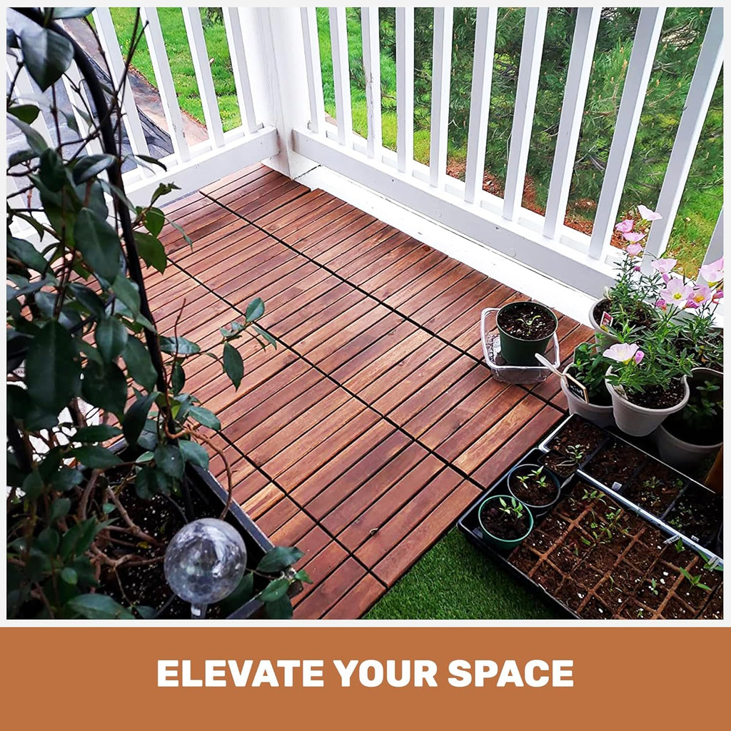 Wood Interlocking Deck Tiles, 12" x 12" Square Outdoor Flooring, Water-Resistant Patio Tiles for Balcony, Poolside