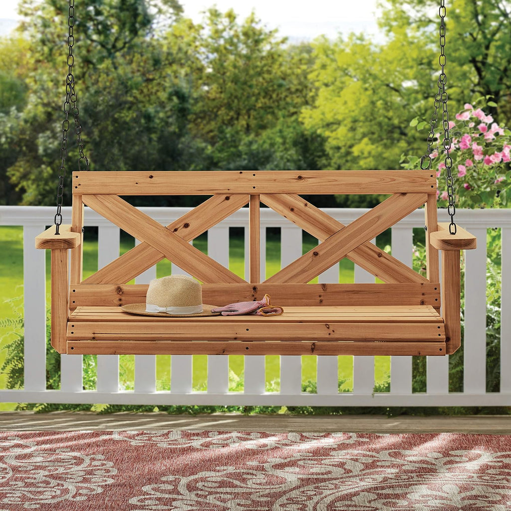 55" Cedar Wood Farmhouse Outdoor Porch Swing Bench with Two-Person Seating, Durable Hanging Chains, Water-Resistant