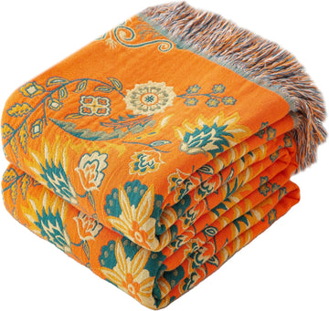 Boho Throw Blanket Twin Size, Soft Cozy Cotton Muslin Quilt Blanket, Floral Patterned Couch Sofa Chair Cover, Vintage