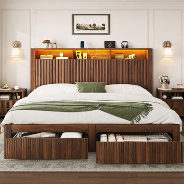 King Size Bed Frame and Headboard & 2 Storage Drawers, Walnut
