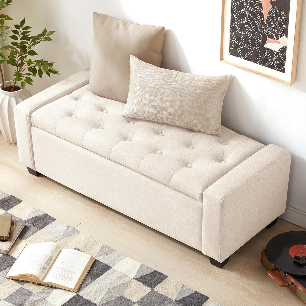 48" Ottoman with Storage, Storage Ottoman Bench with Safety Hinge, Upholstered Entryway Bench with Seating , Holds up