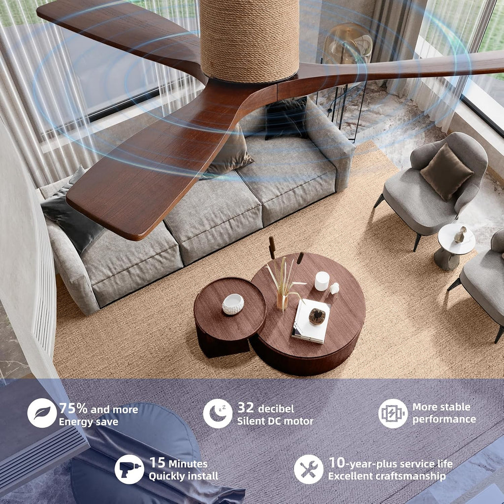 52" Low Profile Ceiling Fan No Light, Boho Farmhouse Flush Mount Ceiling Fan with Remote, Solid Wood Blades