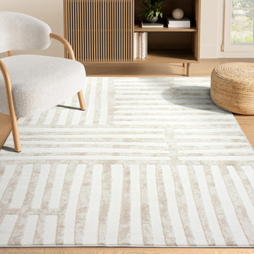 Beige Area Rug - Living Room & Bedroom - Abstract Stripe Design - Indoor Use - Easy to Clean, Stain